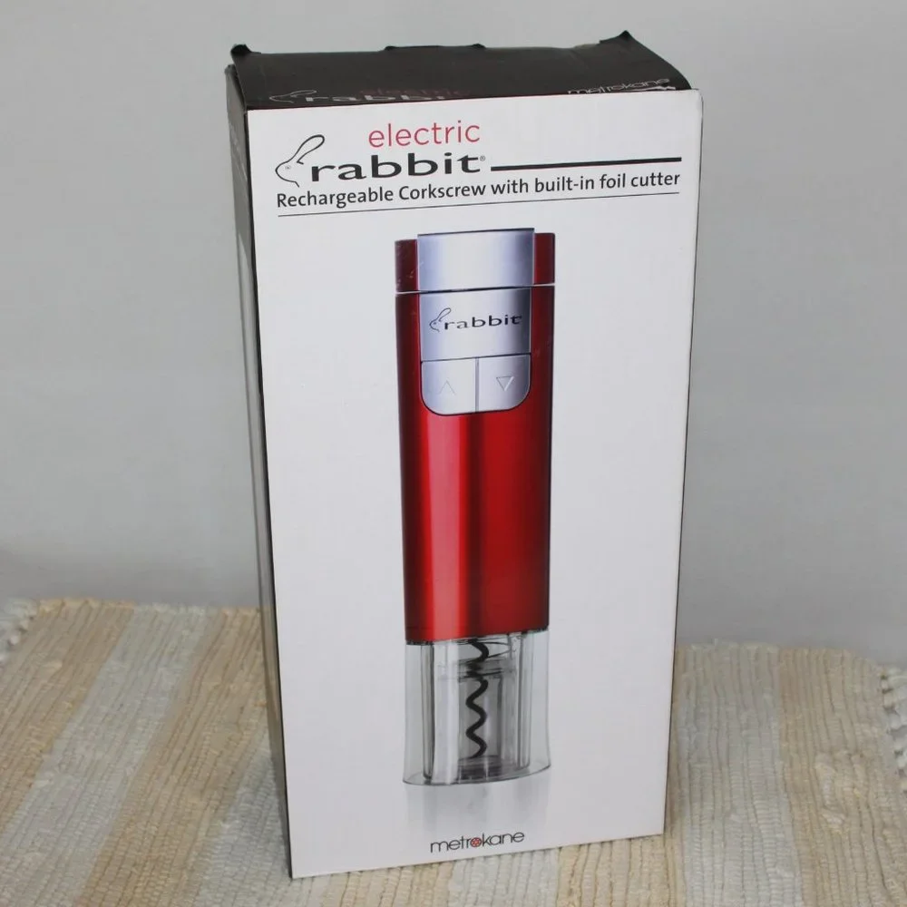 ELECTRIC RABBIT RECHARGEABLE CORKSCREW w/BUILT-IN FOIL CUTTER RED METROKANE